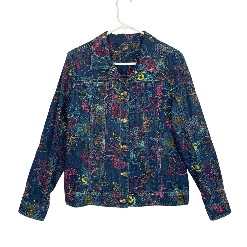 Maximalist Floral Denim Jacket Colorful Embroidered Boho Festival MEDIUM